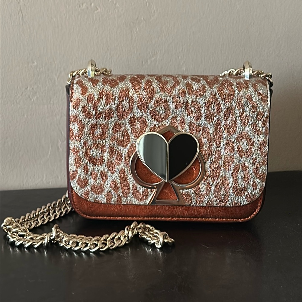 Kate Spade Nicola Leather Crossbody Leopard Shoulder Bag Metallic Copper Cheetah